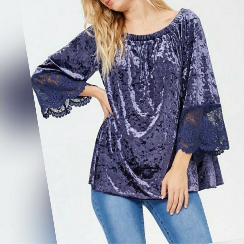 Boho Crushed Velvet Lace Bell Sleeve Top Purple